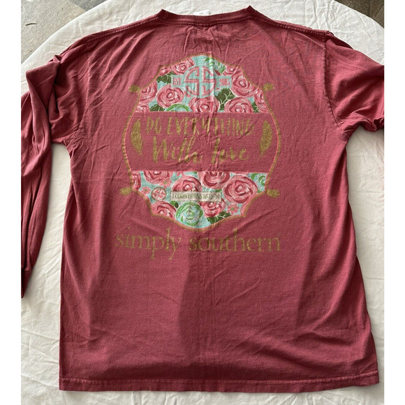 Simply Southern Long Sleeve Deep Pink Long Sleeve Large T-Shirt, Graphic w/Roses - Picture 12 of 12
